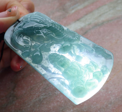 Certified Natural Hand Carved Blue Water Green A Jade jadeite Guanyin Kwan Yin God Elephant Pendant Necklace