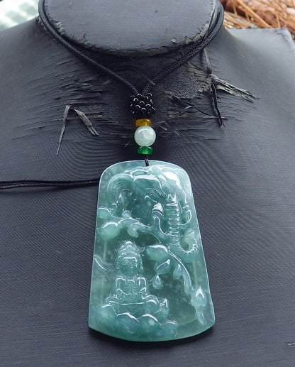 Certified Natural Hand Carved Blue Water Green A Jade jadeite Guanyin Kwan Yin God Elephant Pendant Necklace