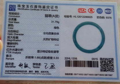 Certified Hand Carved Green 100% Natural Myanmar Burma A JADE Circle Jadeite Bracelet Bangle 56mm