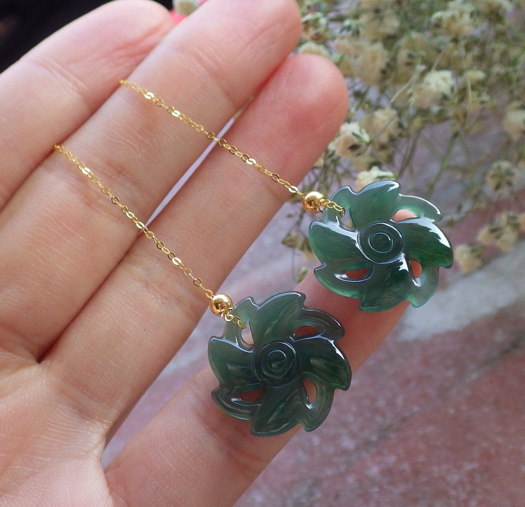 Certified 18K Yellow Gold 100% Blue Water Green Natural Myanmar Burma Hand Carved Grade A Jade Jadeite Wheel Flower Dangle Earring Earrings