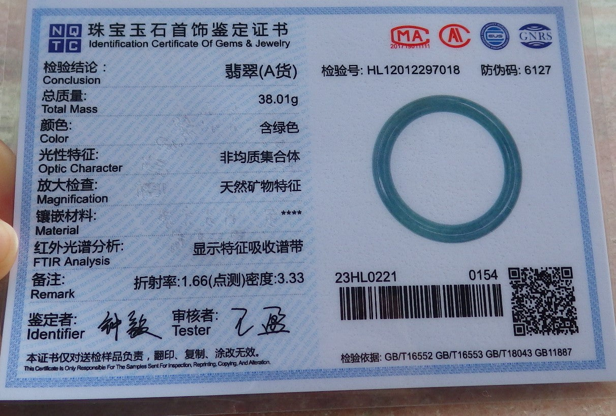 Certified Hand Carved Green Natural Myanmar Burma A JADE Circle Jadeite Bracelet Bangle 54mm