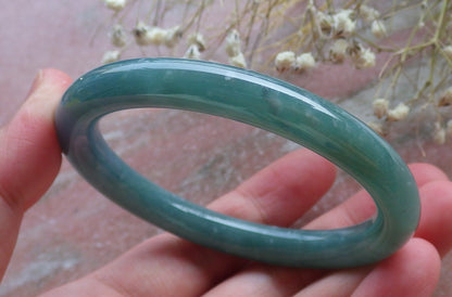 Certified Hand Carved Water Blue Green Natural Myanmar Burma A JADE Circle Jadeite Bangle Bracelet 55mm