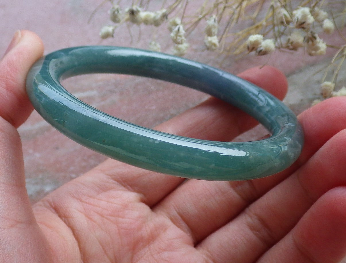 Certified Hand Carved Water Blue Green Natural Myanmar Burma A JADE Circle Jadeite Bangle Bracelet 55mm