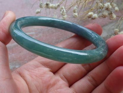 Certified Hand Carved Water Blue Green Natural Myanmar Burma A JADE Circle Jadeite Bangle Bracelet 55mm