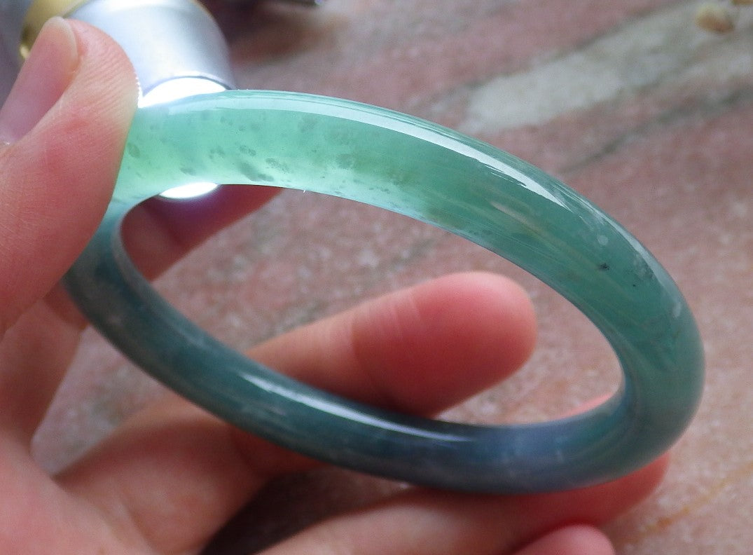 Certified Hand Carved Water Blue Green Natural Myanmar Burma A JADE Circle Jadeite Bangle Bracelet 55mm