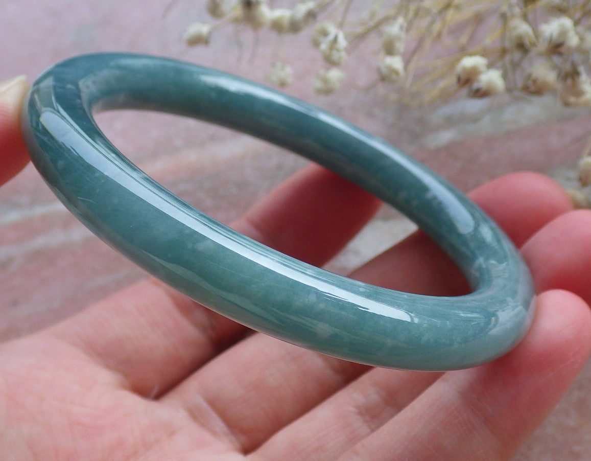 Certified Hand Carved Water Blue Green Natural Myanmar Burma A JADE Circle Jadeite Bangle Bracelet 55mm