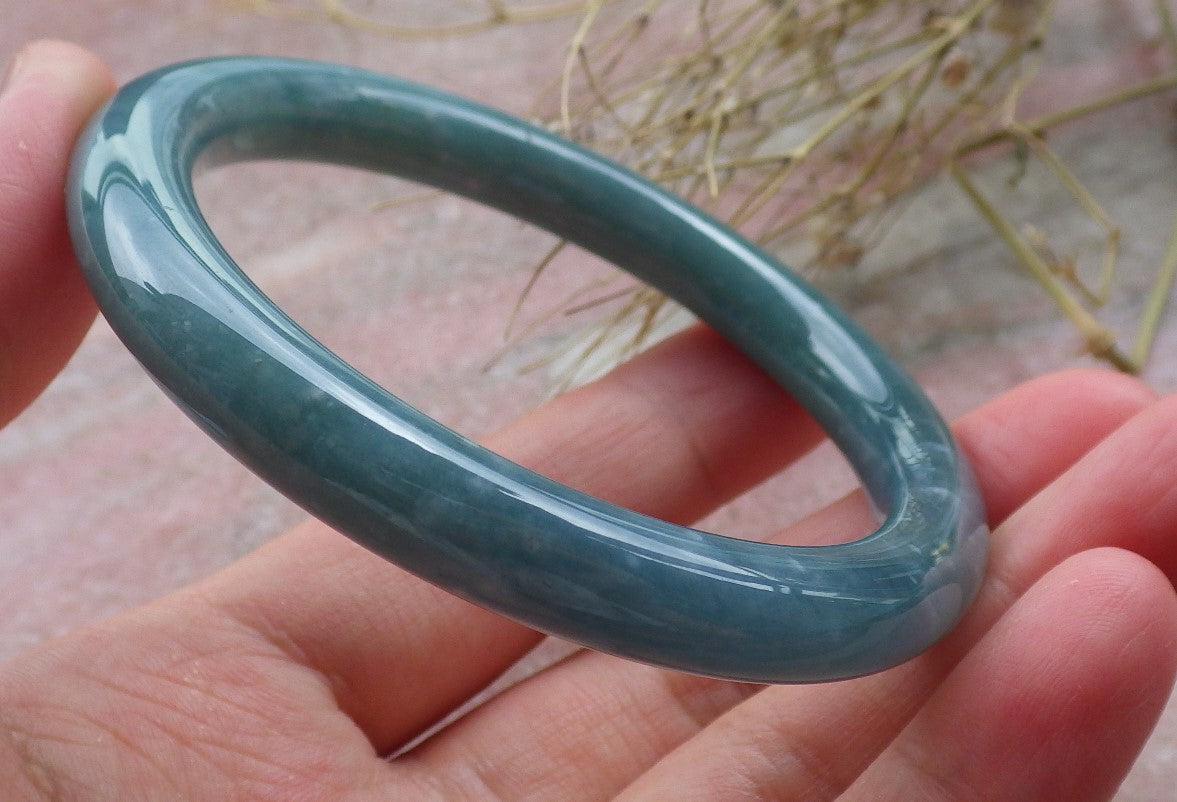 Certified Hand Carved Water Blue Green Natural Myanmar Burma A JADE Circle Jadeite Bangle Bracelet 55mm