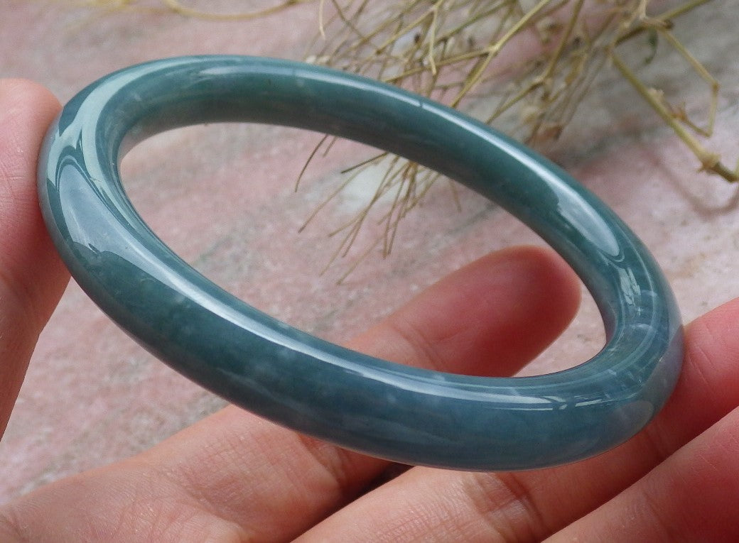 Certified Hand Carved Water Blue Green Natural Myanmar Burma A JADE Circle Jadeite Bangle Bracelet 55mm