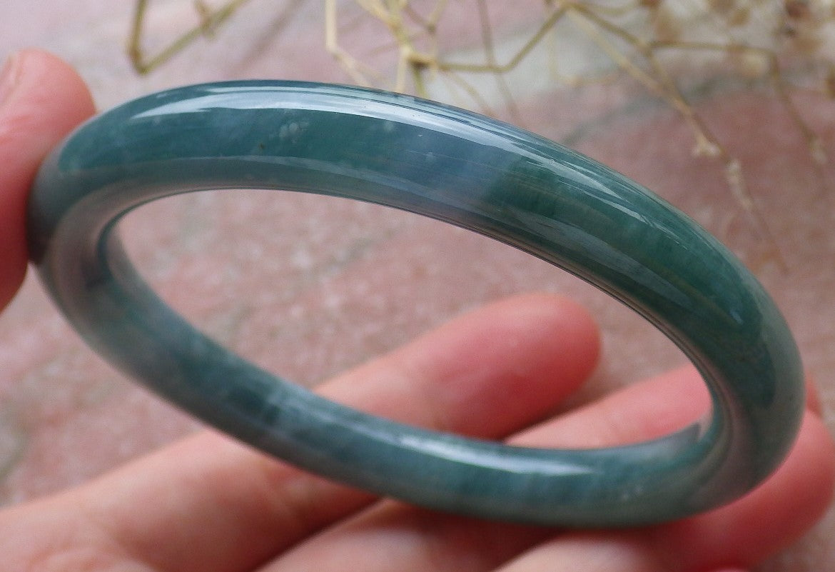 Certified Hand Carved Icy Blue Water Green Natural Myanmar Burma A JADE Circle Jadeite Bangle Bracelet 55mm