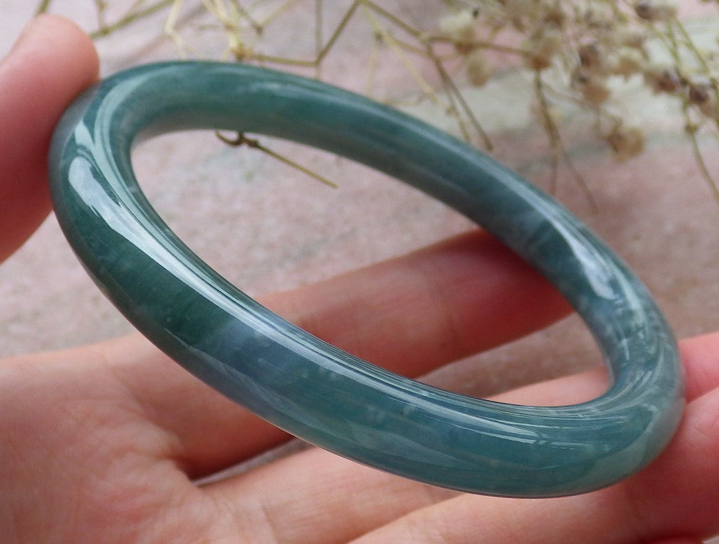 Certified Hand Carved Icy Blue Water Green Natural Myanmar Burma A JADE Circle Jadeite Bangle Bracelet 55mm