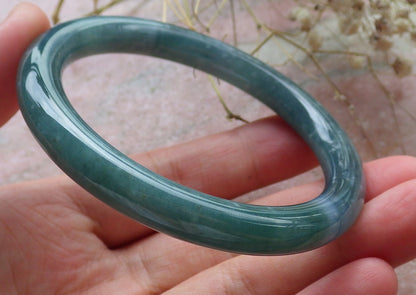 Certified Hand Carved Icy Blue Water Green Natural Myanmar Burma A JADE Circle Jadeite Bangle Bracelet 55mm
