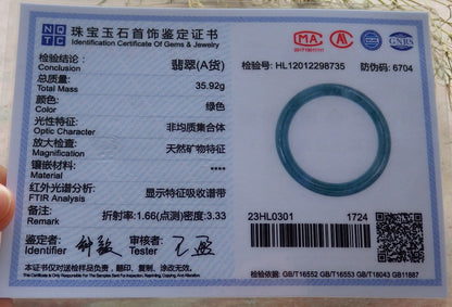 Certified Hand Carved Icy Blue Water Green Natural Myanmar Burma A JADE Circle Jadeite Bangle Bracelet 55mm