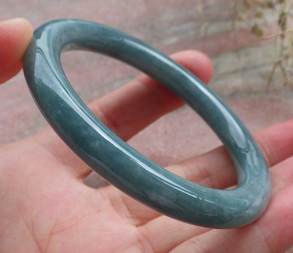 Certified Hand Carved Icy Blue Water Green Natural Myanmar Burma A JADE Circle Jadeite Bangle Bracelet 55mm