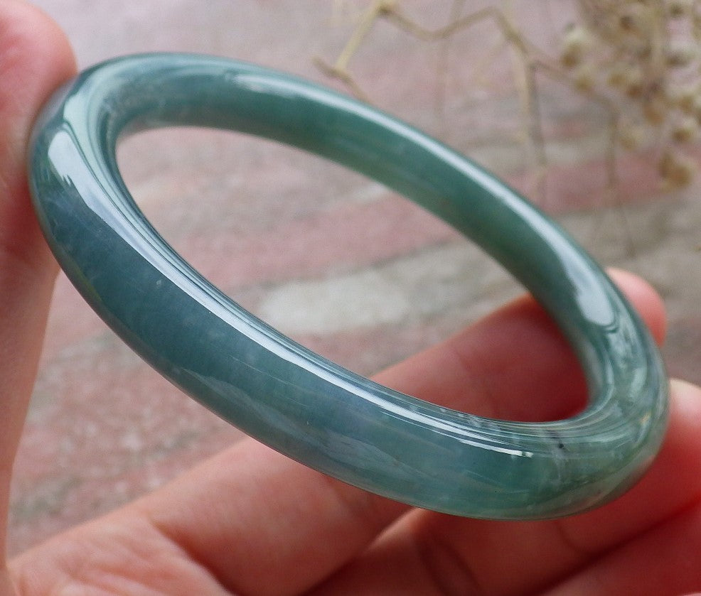 Certified Hand Carved Icy Blue Water Green Natural Myanmar Burma A JADE Circle Jadeite Bangle Bracelet 52mm