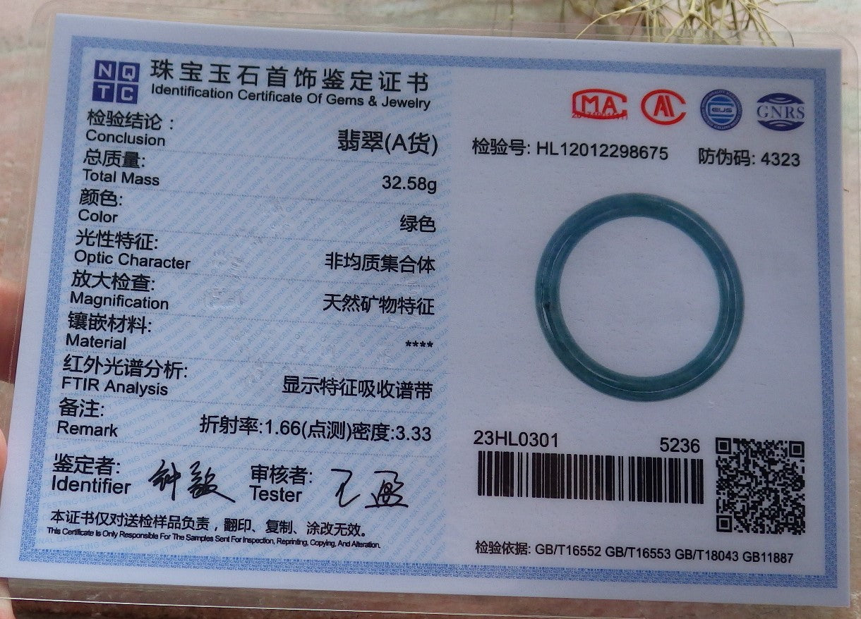 Certified Hand Carved Icy Blue Water Green Natural Myanmar Burma A JADE Circle Jadeite Bangle Bracelet 52mm