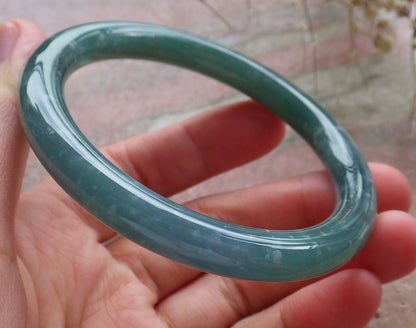 Certified Hand Carved Icy Blue Water Green Natural Myanmar Burma A JADE Circle Jadeite Bangle Bracelet 57mm