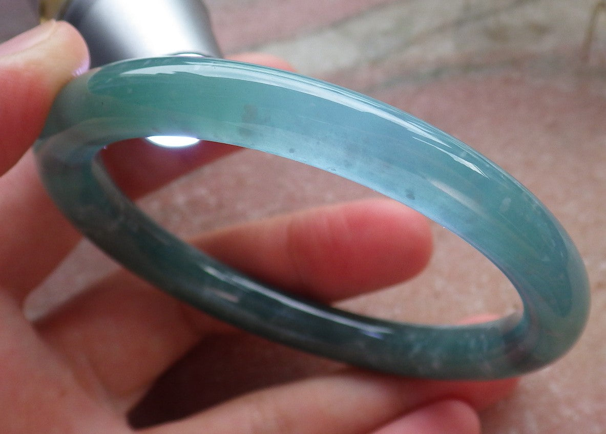 Certified Hand Carved Icy Blue Water Green Natural Myanmar Burma A JADE Circle Jadeite Bangle Bracelet 57mm