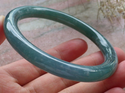 Certified Hand Carved Icy Blue Water Green Natural Myanmar Burma A JADE Circle Jadeite Bangle Bracelet 57mm