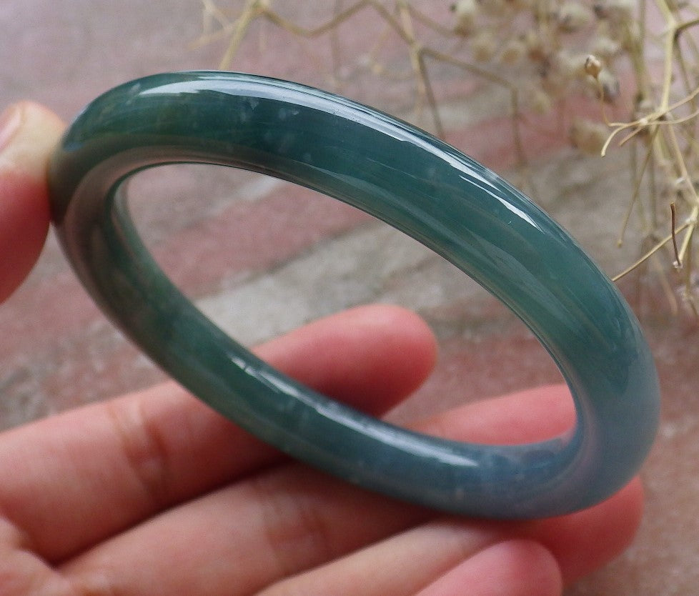 Certified Hand Carved Icy Blue Water Green Natural Myanmar Burma A JADE Circle Jadeite Bangle Bracelet 52mm