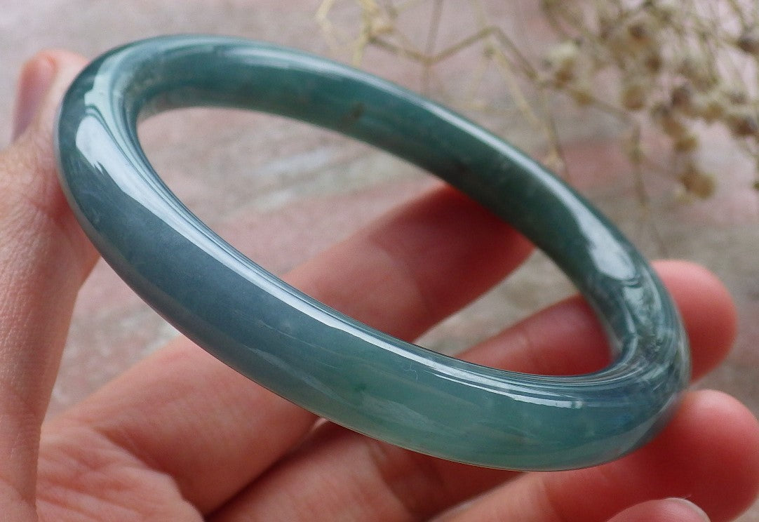 Certified Hand Carved Icy Blue Water Green Natural Myanmar Burma A JADE Circle Jadeite Bangle Bracelet 53mm
