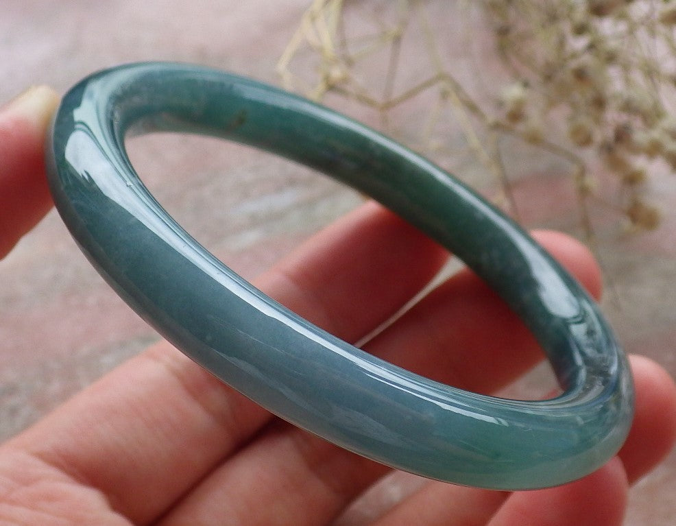 Certified Hand Carved Icy Blue Water Green Natural Myanmar Burma A JADE Circle Jadeite Bangle Bracelet 53mm