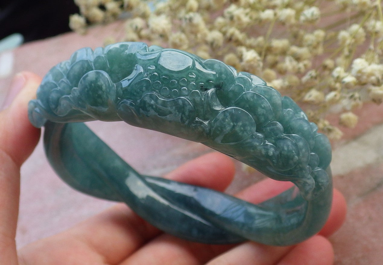 Certified Hand Carved Blue Water Green Natural Myanmar Burma A JADE Jadeite Rose Flower Circle Bangle Bracelet 63mm