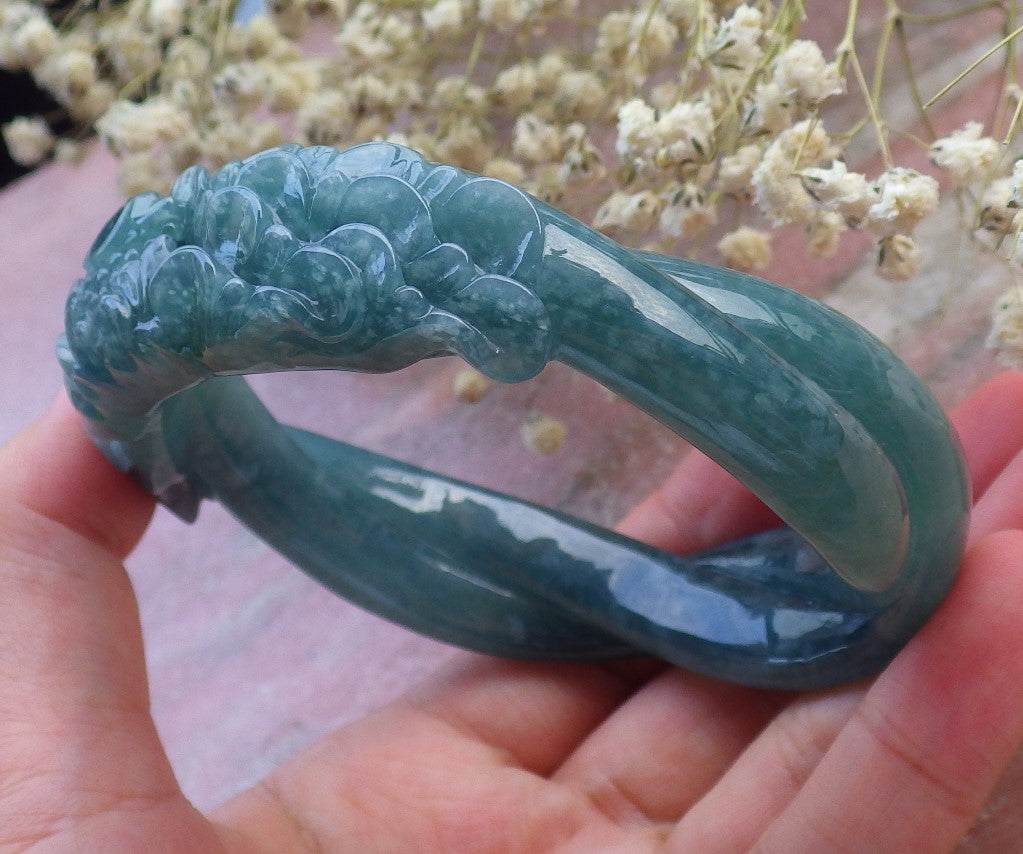 Certified Hand Carved Blue Water Green Natural Myanmar Burma A JADE Jadeite Rose Flower Circle Bangle Bracelet 63mm