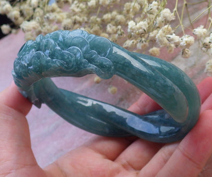 Certified Hand Carved Blue Water Green Natural Myanmar Burma A JADE Jadeite Rose Flower Circle Bangle Bracelet 63mm