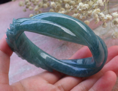 Certified Hand Carved Blue Water Green Natural Myanmar Burma A JADE Jadeite Rose Flower Circle Bangle Bracelet 63mm