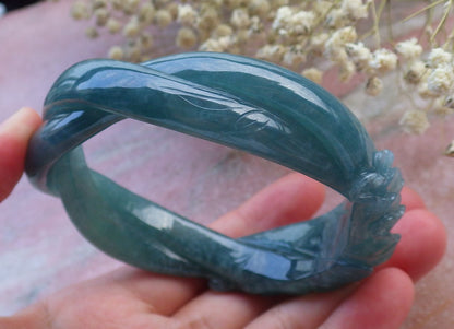 Certified Hand Carved Blue Water Green Natural Myanmar Burma A JADE Jadeite Rose Flower Circle Bangle Bracelet 63mm