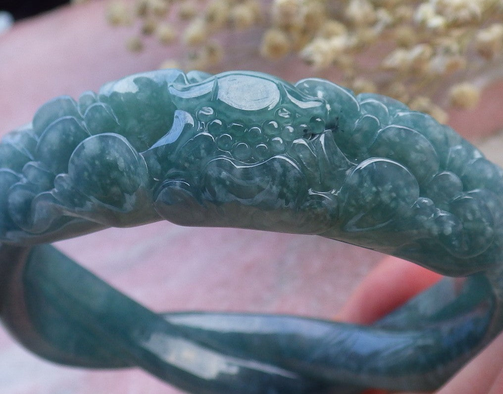 Certified Hand Carved Blue Water Green Natural Myanmar Burma A JADE Jadeite Rose Flower Circle Bangle Bracelet 63mm