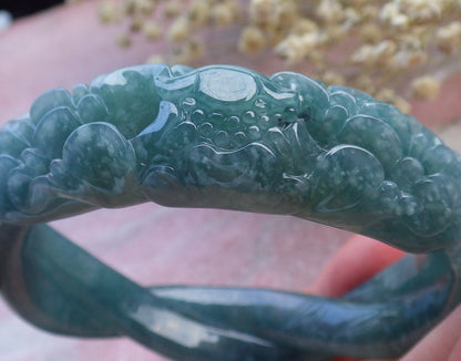 Certified Hand Carved Blue Water Green Natural Myanmar Burma A JADE Jadeite Rose Flower Circle Bangle Bracelet 63mm
