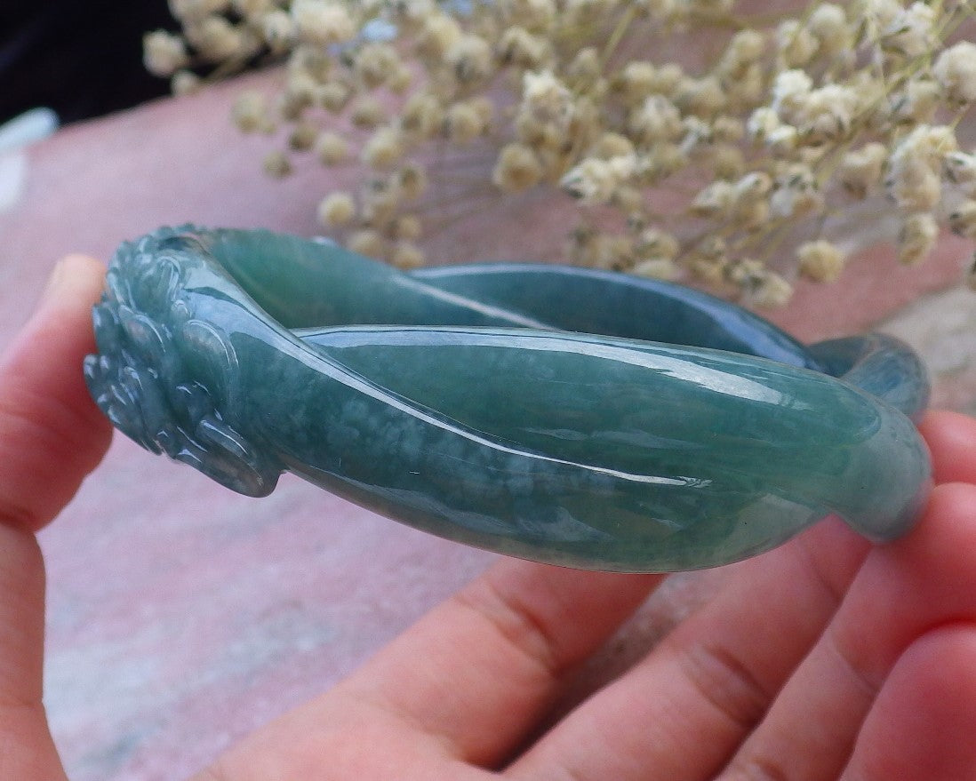 Certified Hand Carved Blue Water Green Natural Myanmar Burma A JADE Jadeite Rose Flower Circle Bangle Bracelet 63mm