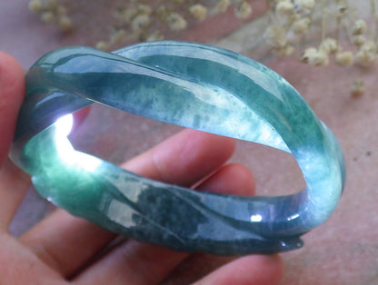 Certified Hand Carved Blue Water Green Natural Myanmar Burma A JADE Jadeite Rose Flower Circle Bangle Bracelet 63mm