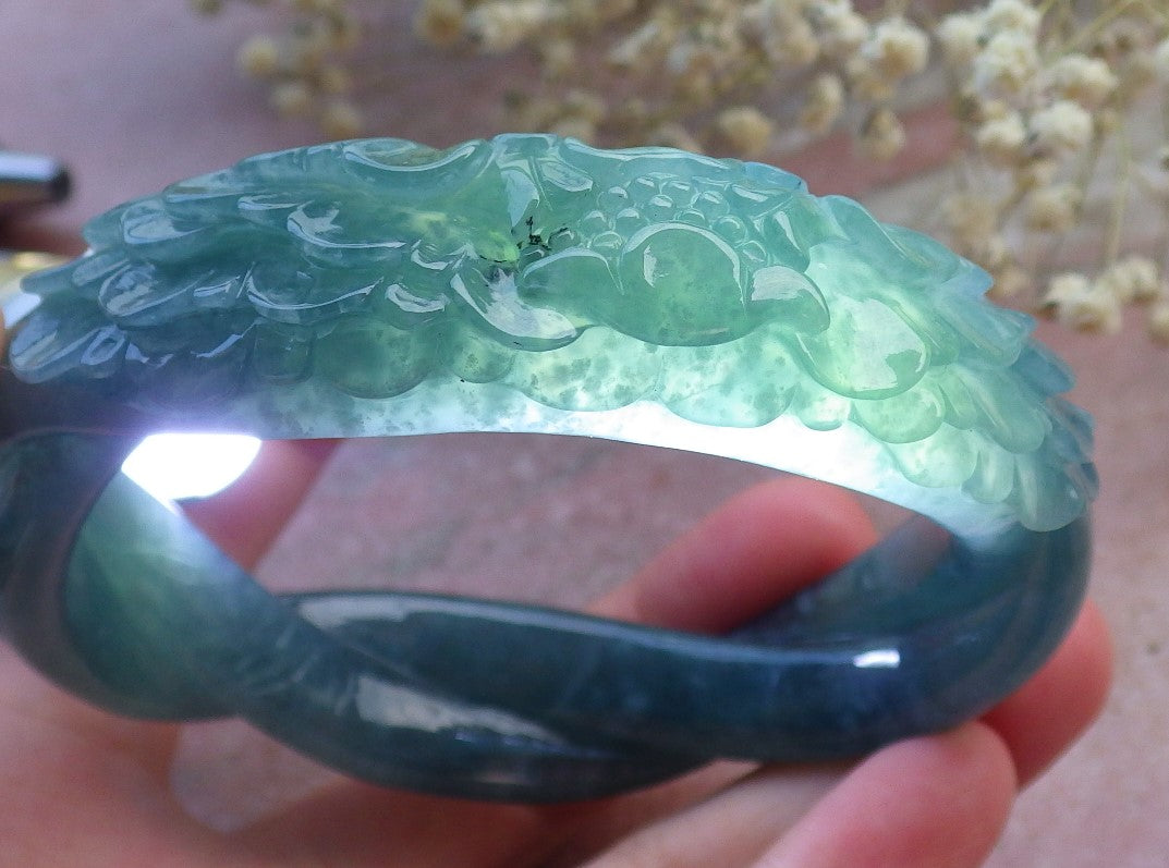 Certified Hand Carved Blue Water Green Natural Myanmar Burma A JADE Jadeite Rose Flower Circle Bangle Bracelet 63mm
