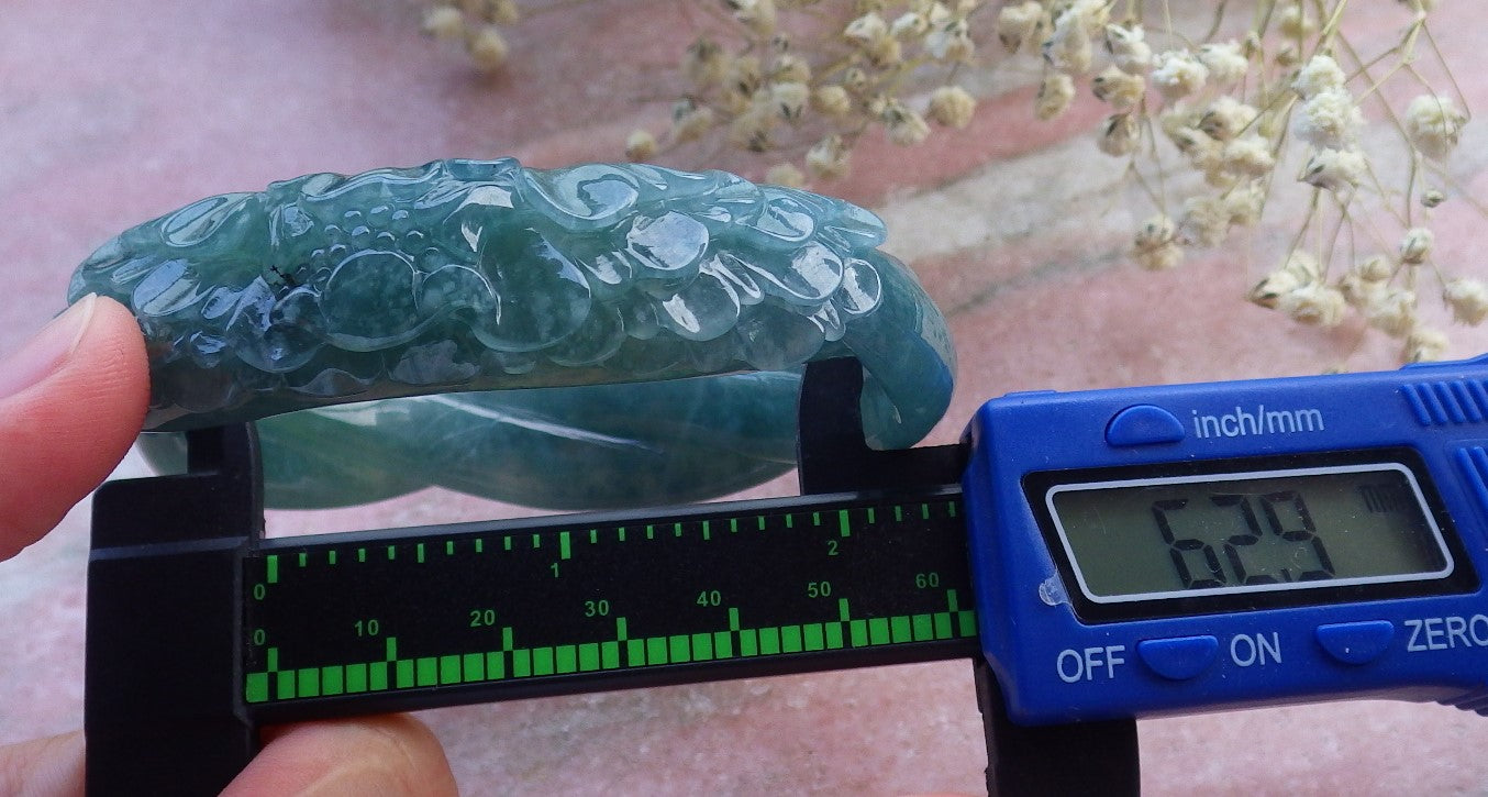 Certified Hand Carved Blue Water Green Natural Myanmar Burma A JADE Jadeite Rose Flower Circle Bangle Bracelet 63mm