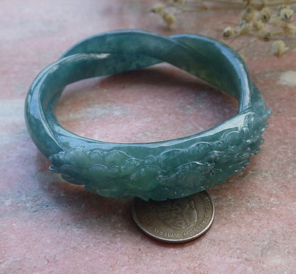 Certified Hand Carved Blue Water Green Natural Myanmar Burma A JADE Jadeite Rose Flower Circle Bangle Bracelet 63mm