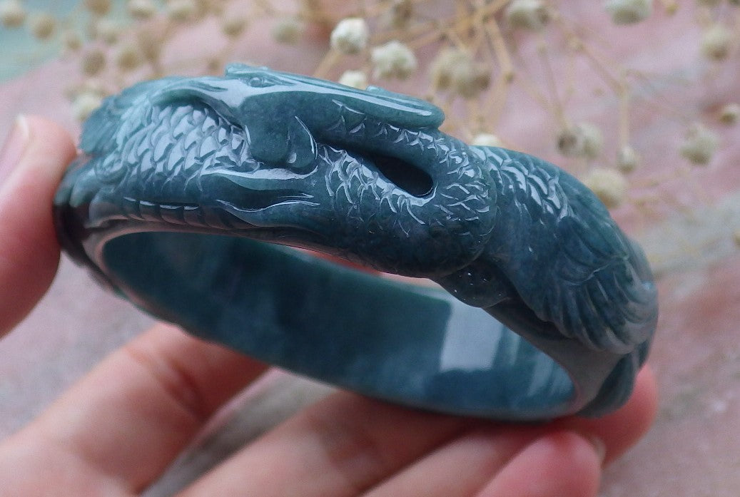 Certified Hand Carved Blue Water Green Natural Myanmar Burma A JADE Jadeite Phoenix Circle Bangle Bracelet 58mm