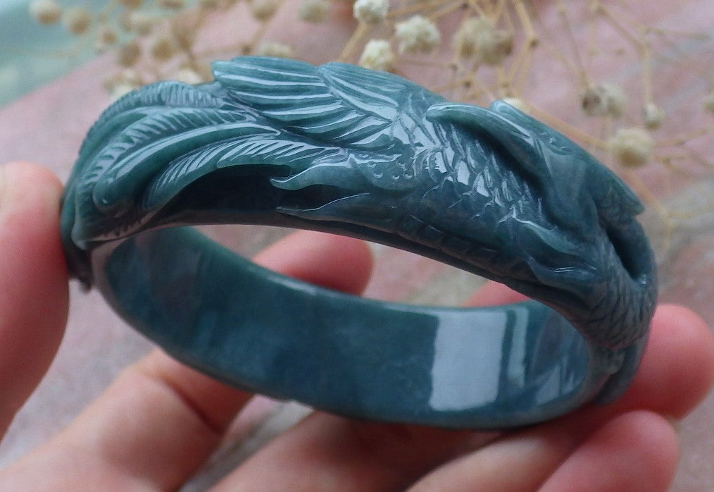 Certified Hand Carved Blue Water Green Natural Myanmar Burma A JADE Jadeite Phoenix Circle Bangle Bracelet 58mm