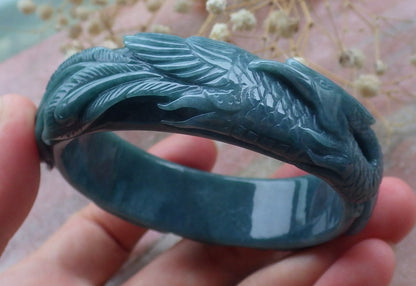 Certified Hand Carved Blue Water Green Natural Myanmar Burma A JADE Jadeite Phoenix Circle Bangle Bracelet 58mm