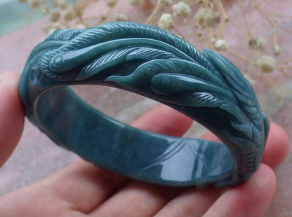 Certified Hand Carved Blue Water Green Natural Myanmar Burma A JADE Jadeite Phoenix Circle Bangle Bracelet 58mm