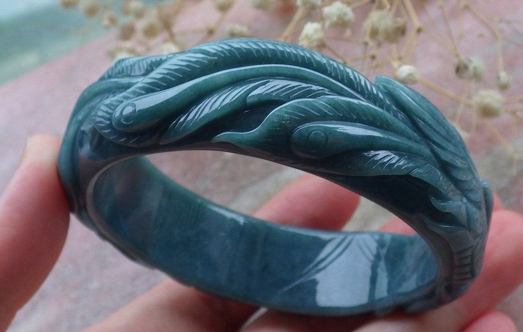Certified Hand Carved Blue Water Green Natural Myanmar Burma A JADE Jadeite Phoenix Circle Bangle Bracelet 58mm