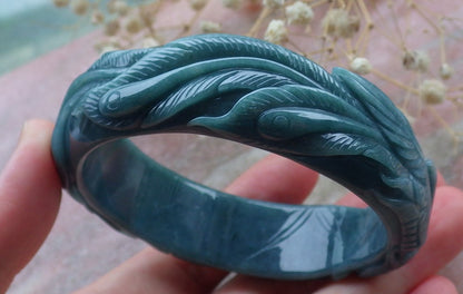 Certified Hand Carved Blue Water Green Natural Myanmar Burma A JADE Jadeite Phoenix Circle Bangle Bracelet 58mm