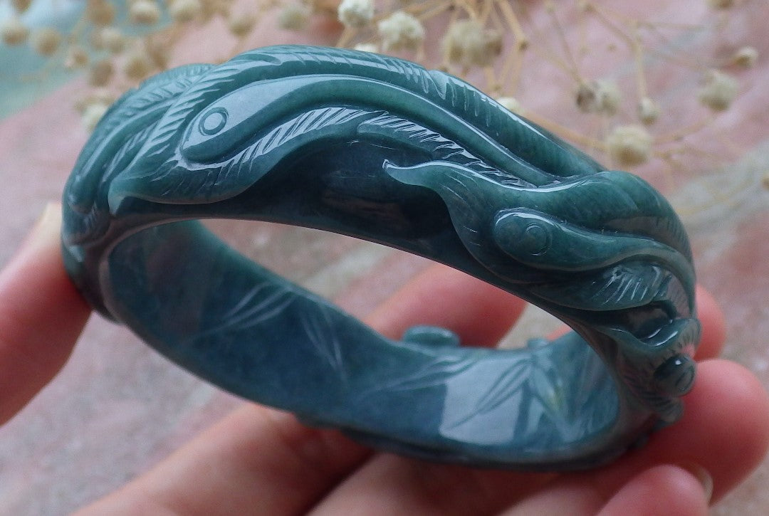 Certified Hand Carved Blue Water Green Natural Myanmar Burma A JADE Jadeite Phoenix Circle Bangle Bracelet 58mm