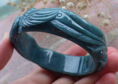 Certified Hand Carved Blue Water Green Natural Myanmar Burma A JADE Jadeite Phoenix Circle Bangle Bracelet 58mm