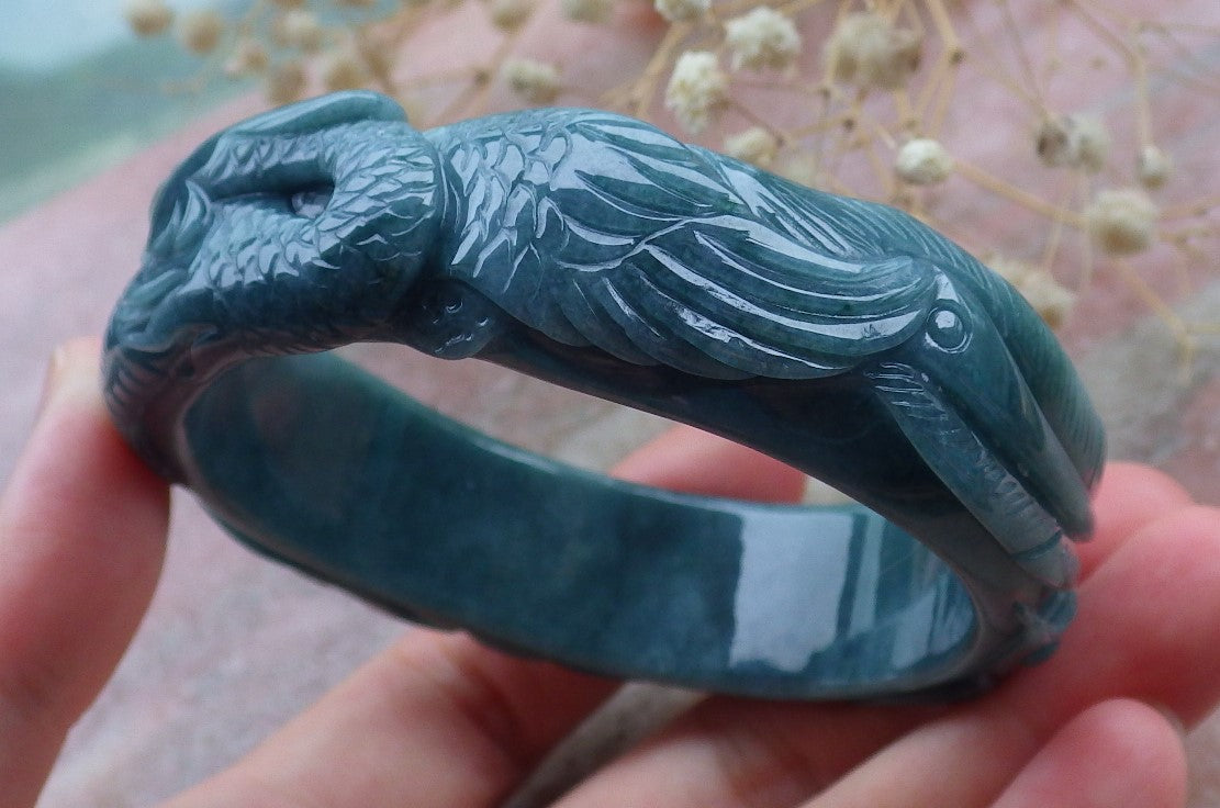 Certified Hand Carved Blue Water Green Natural Myanmar Burma A JADE Jadeite Phoenix Circle Bangle Bracelet 58mm