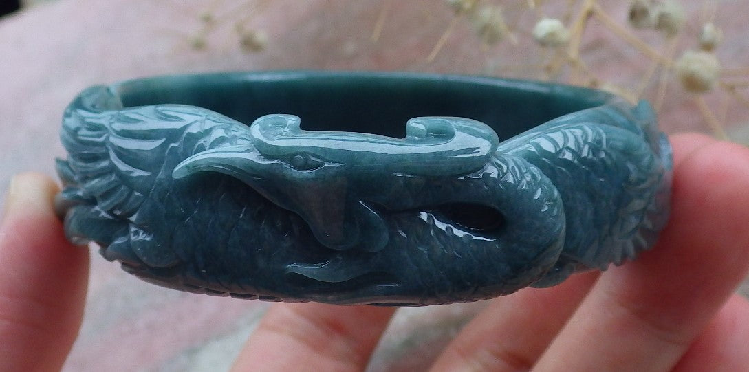 Certified Hand Carved Blue Water Green Natural Myanmar Burma A JADE Jadeite Phoenix Circle Bangle Bracelet 58mm