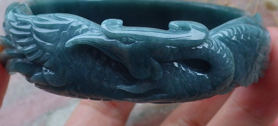 Certified Hand Carved Blue Water Green Natural Myanmar Burma A JADE Jadeite Phoenix Circle Bangle Bracelet 58mm
