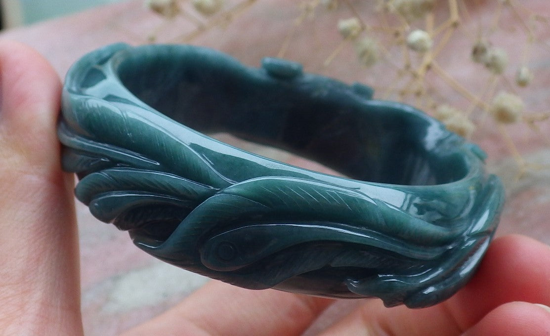 Certified Hand Carved Blue Water Green Natural Myanmar Burma A JADE Jadeite Phoenix Circle Bangle Bracelet 58mm