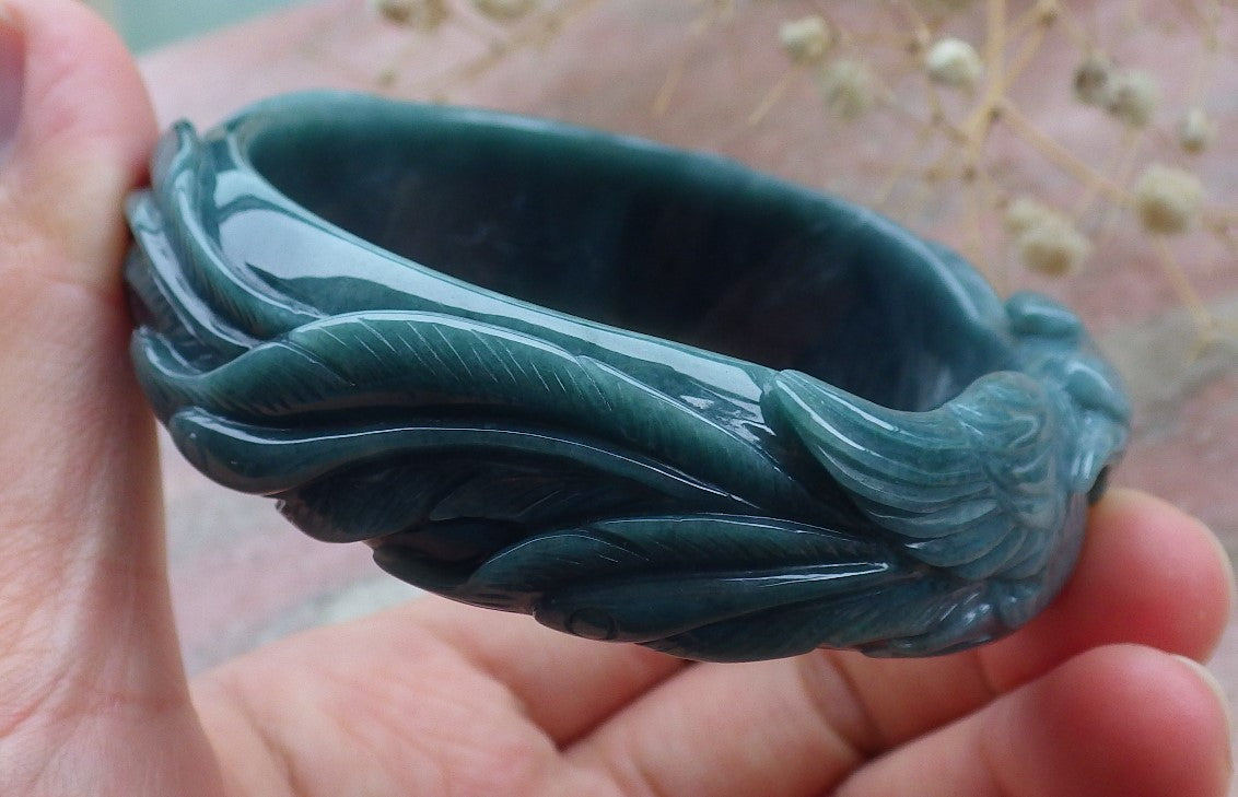 Certified Hand Carved Blue Water Green Natural Myanmar Burma A JADE Jadeite Phoenix Circle Bangle Bracelet 58mm